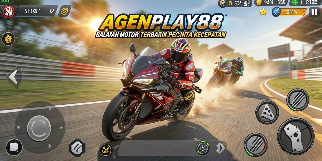 Gameplay AGENPLAY88 menunjukkan kecepatan dan kegembiraan balapan motor.