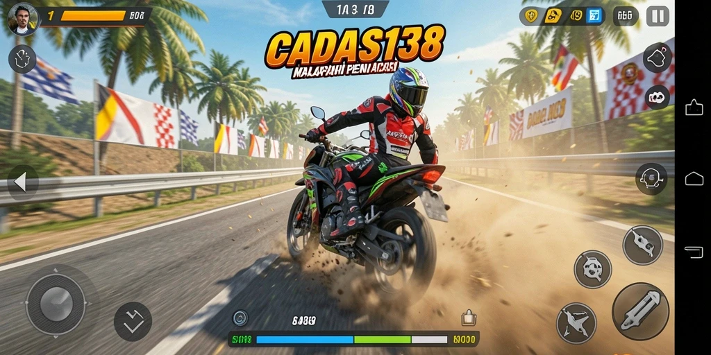 Gameplay mendebarkan dari CADAS138 dengan aksi balapan motor.