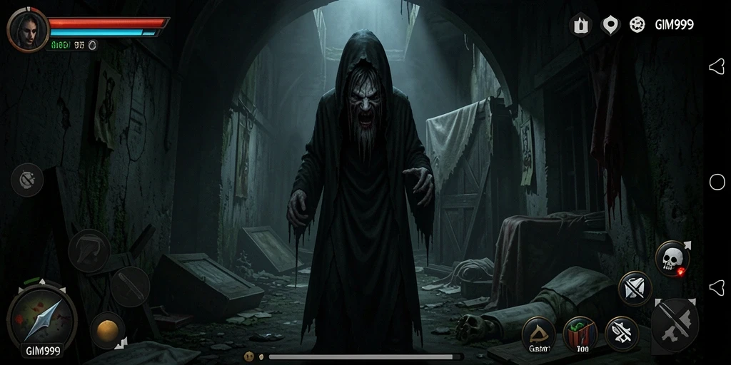 Tangkapan layar GIM999 menampilkan suasana angker dan gameplay yang mencekam.