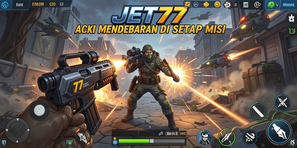 Tangkapan layar utama JET77 menampilkan aksi yang menegangkan.