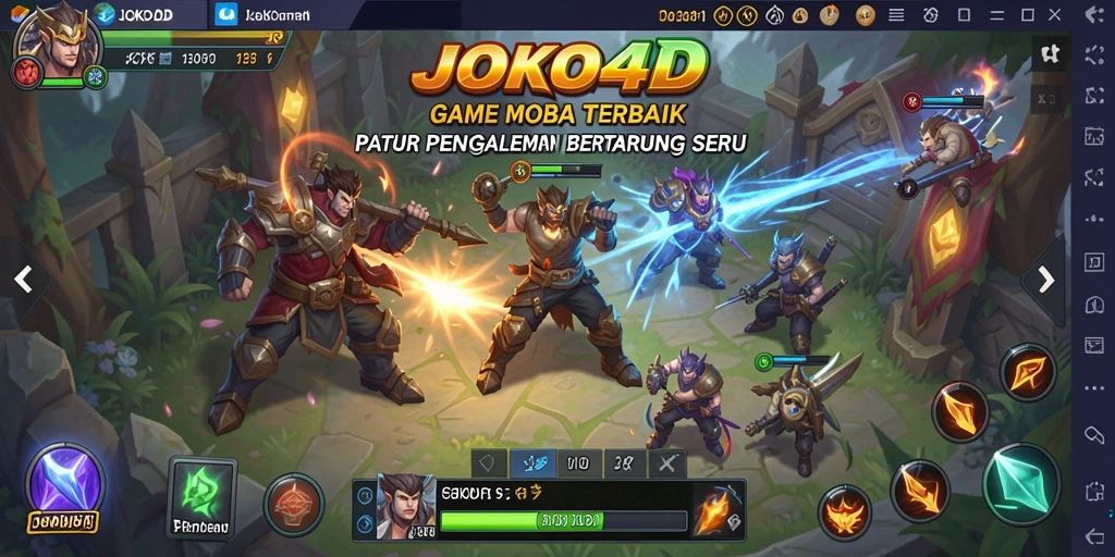 Screenshot utama JOKO4D menampilkan pertarungan seru antara hero-hero di arena MOBA.