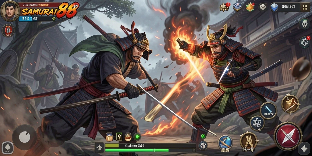 Tampilan gameplay <strong>SAMURAI88</strong> yang menegangkan dan aksi pertarungan yang dinamis.