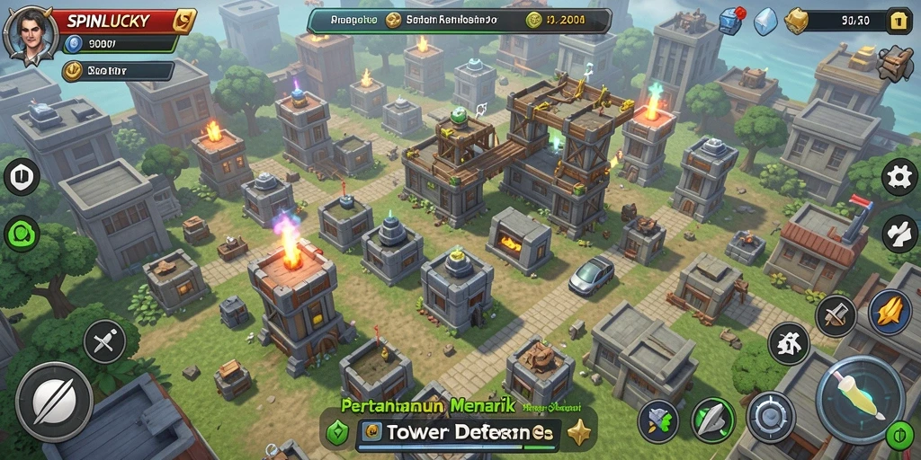 Tampilan gameplay SPINLUCKY yang mendebarkan dalam pertahanan menara.