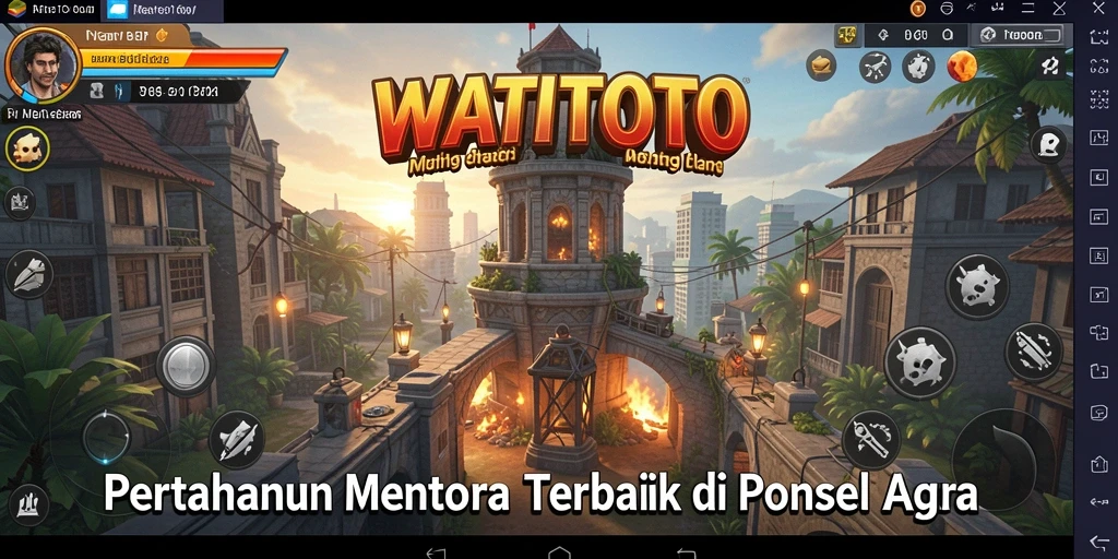 Tangkapan layar gameplay WATITOTO menampilkan pertarungan menara melawan gelombang musuh.